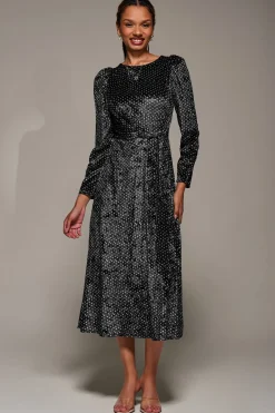 Jolie Moi Occasion Dresses|Velvet Dresses-Long Sleeve Velvet Tie Detail Midi Dress, Black Spot