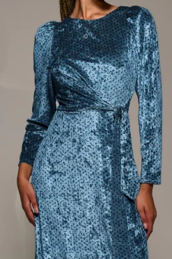 Jolie Moi Occasion Dresses|Velvet Dresses-Long Sleeve Velvet Tie Detail Midi Dress, Blue Spot