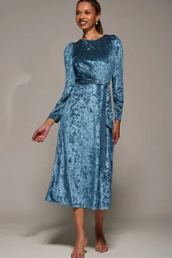 Jolie Moi Occasion Dresses|Velvet Dresses-Long Sleeve Velvet Tie Detail Midi Dress, Blue Spot