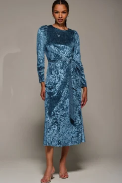 Jolie Moi Occasion Dresses|Velvet Dresses-Long Sleeve Velvet Tie Detail Midi Dress, Blue Spot