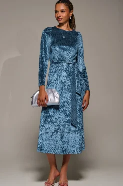 Jolie Moi Occasion Dresses|Velvet Dresses-Long Sleeve Velvet Tie Detail Midi Dress, Blue Spot