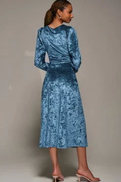 Jolie Moi Occasion Dresses|Velvet Dresses-Long Sleeve Velvet Tie Detail Midi Dress, Blue Spot