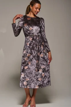 Jolie Moi Occasion Dresses|Floral Dresses-Long Sleeve Velvet Tie Detail Midi Dress, Mauve Floral