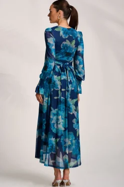 Jolie Moi Occasion Dresses|Floral Dresses-Long Sleeve V Neck Mesh Maxi Dress, Blue Floral