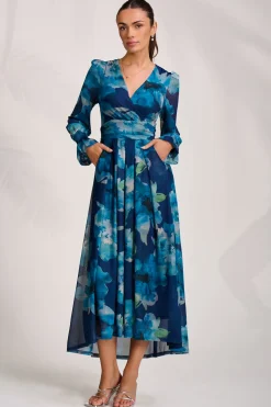 Jolie Moi Occasion Dresses|Floral Dresses-Long Sleeve V Neck Mesh Maxi Dress, Blue Floral
