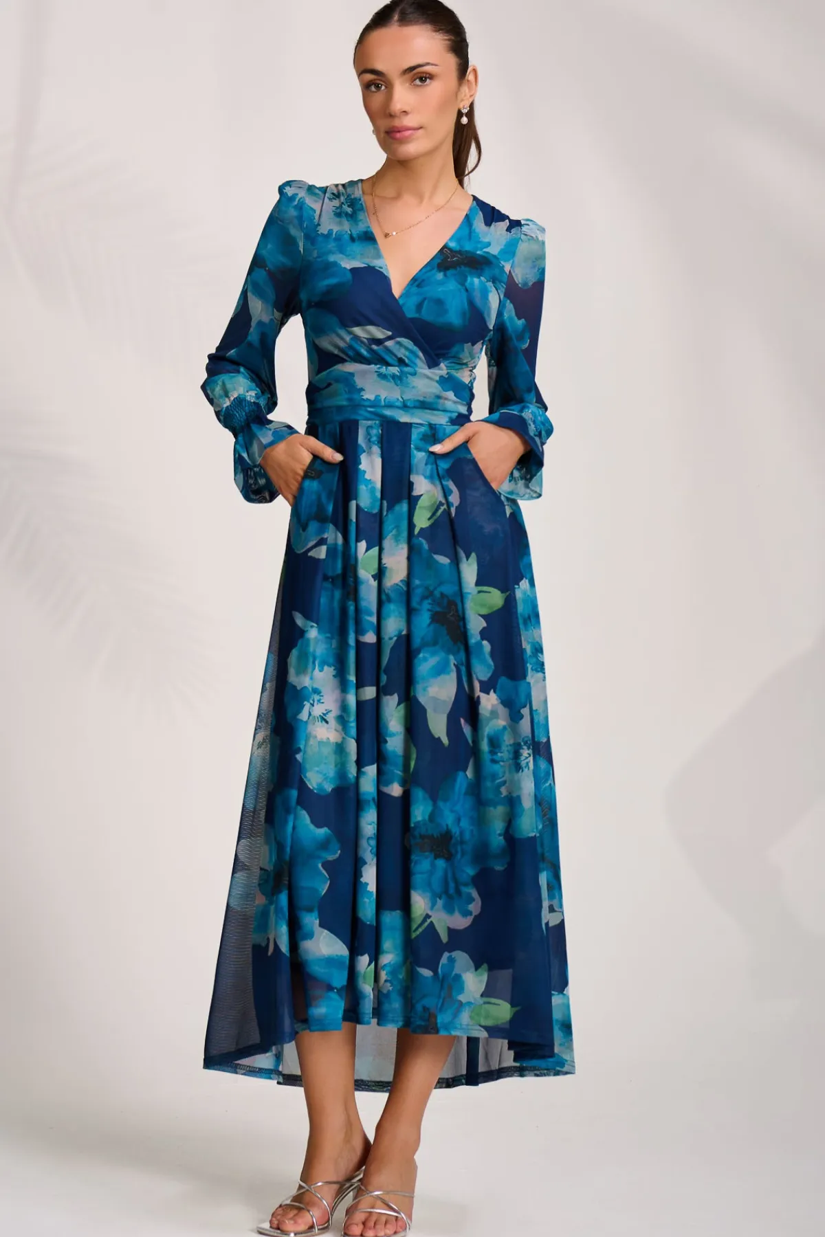Jolie Moi Occasion Dresses|Floral Dresses-Long Sleeve V Neck Mesh Maxi Dress, Blue Floral