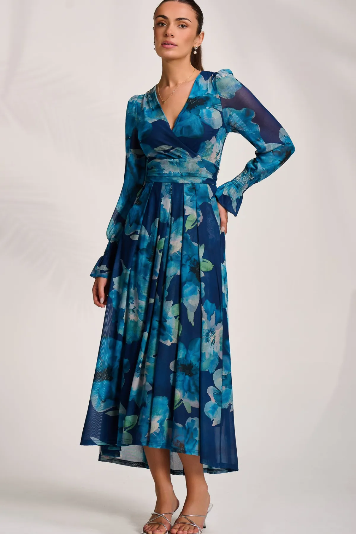 Jolie Moi Occasion Dresses|Floral Dresses-Long Sleeve V Neck Mesh Maxi Dress, Blue Floral