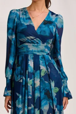 Jolie Moi Occasion Dresses|Floral Dresses-Long Sleeve V Neck Mesh Maxi Dress, Blue Floral