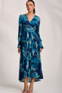 Jolie Moi Occasion Dresses|Floral Dresses-Long Sleeve V Neck Mesh Maxi Dress, Blue Floral