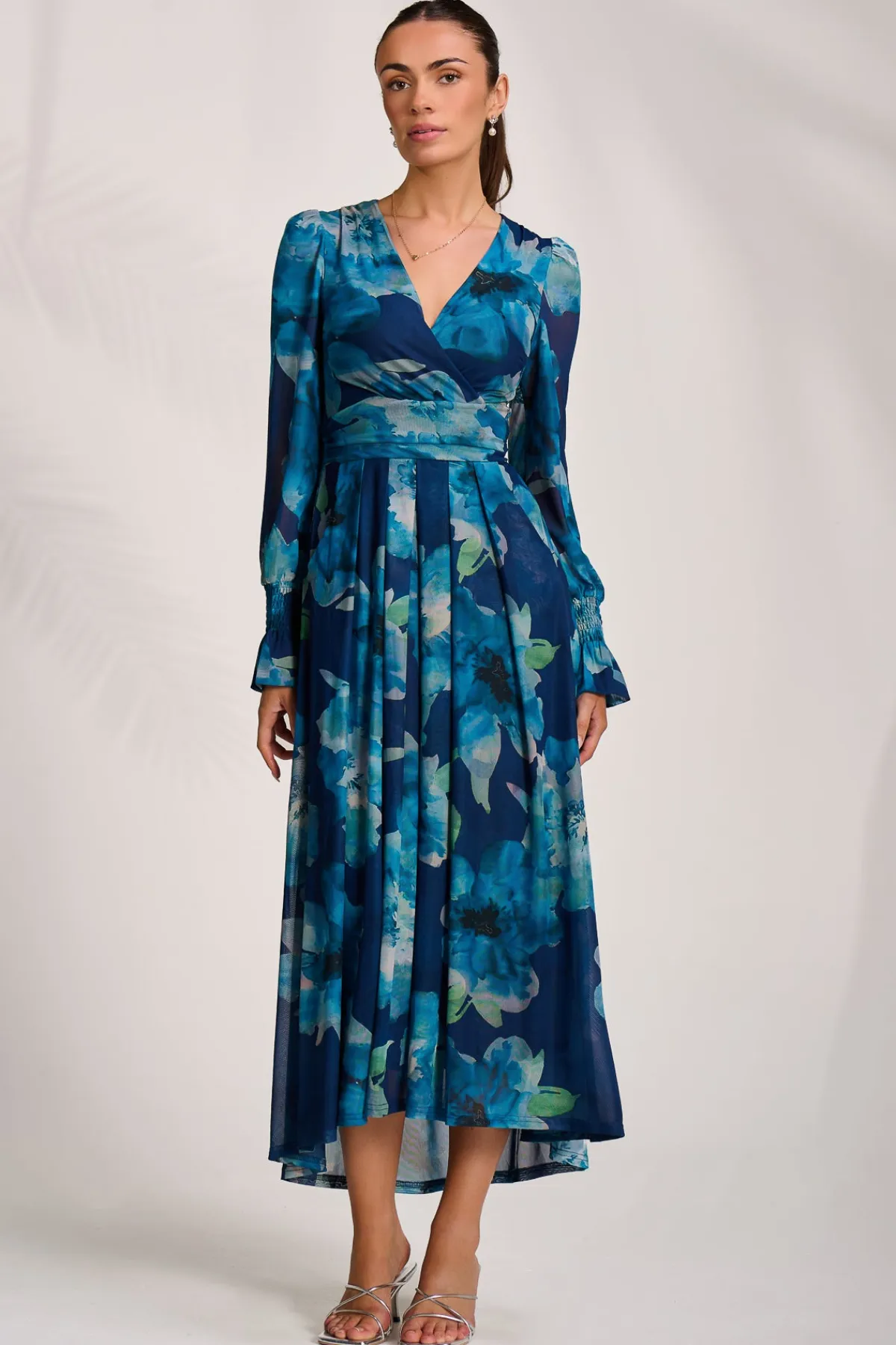 Jolie Moi Occasion Dresses|Floral Dresses-Long Sleeve V Neck Mesh Maxi Dress, Blue Floral