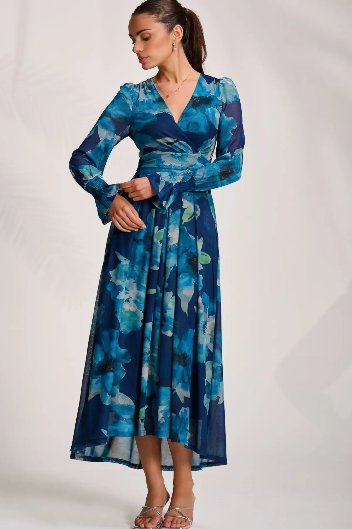 Jolie Moi Occasion Dresses|Floral Dresses-Long Sleeve V Neck Mesh Maxi Dress, Blue Floral