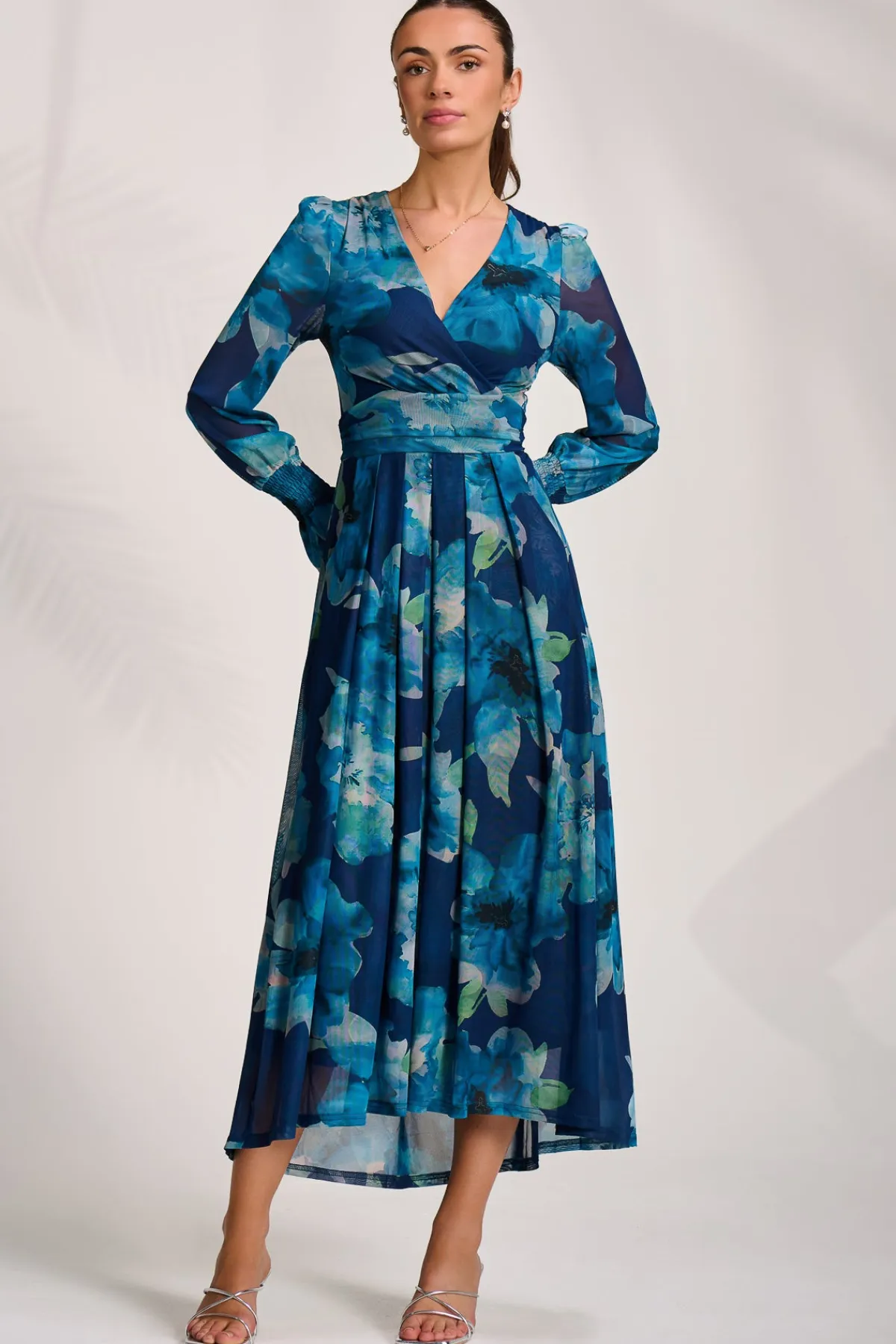 Jolie Moi Occasion Dresses|Floral Dresses-Long Sleeve V Neck Mesh Maxi Dress, Blue Floral
