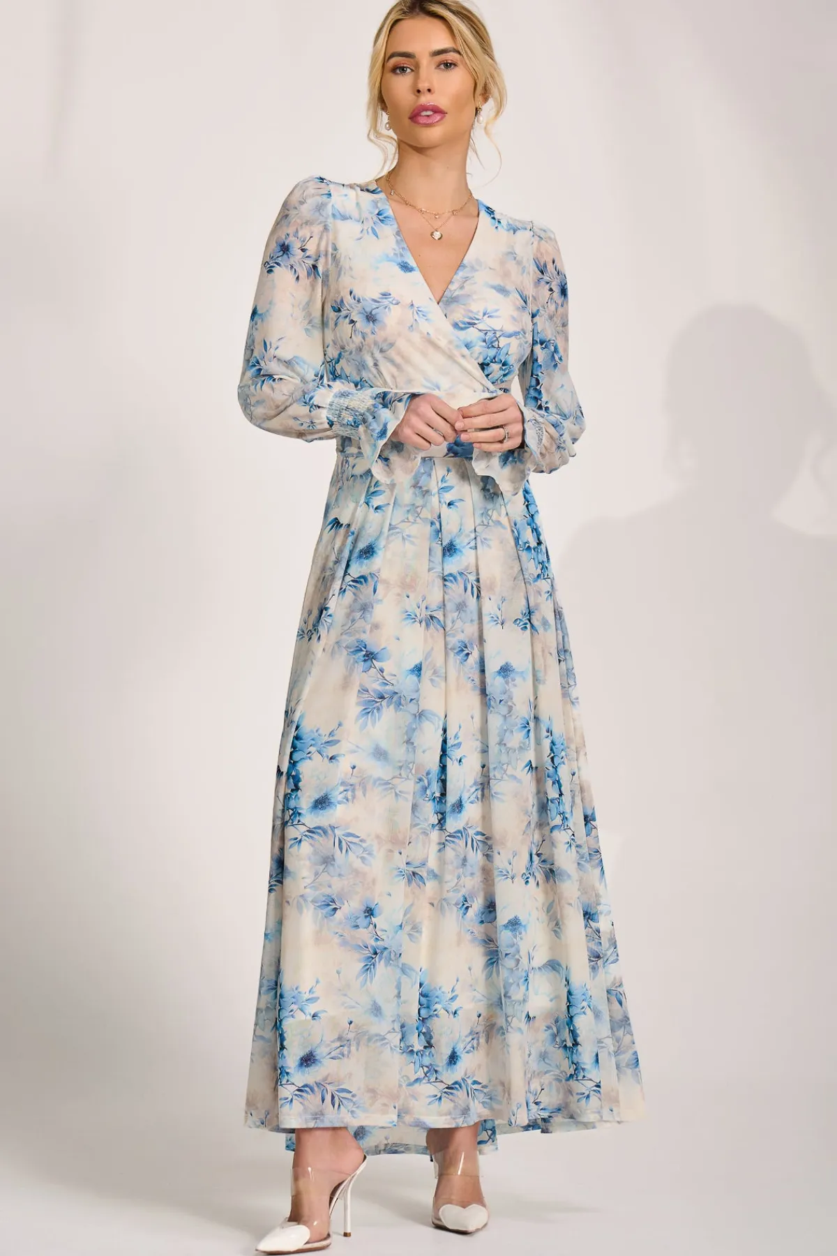 Jolie Moi Occasion Dresses|Floral Dresses-Long Sleeve V Neck Mesh Maxi Dress, Cream Floral
