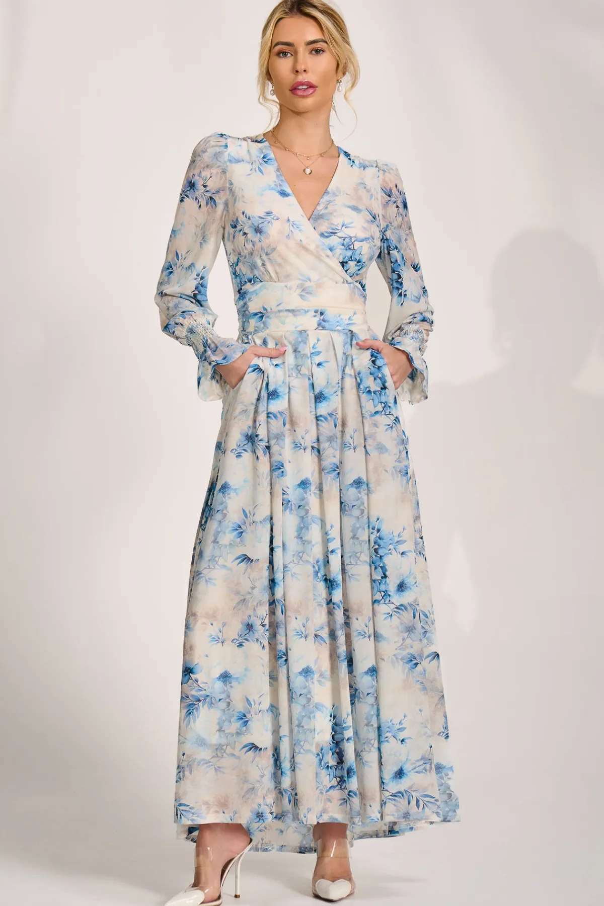 Jolie Moi Occasion Dresses|Floral Dresses-Long Sleeve V Neck Mesh Maxi Dress, Cream Floral