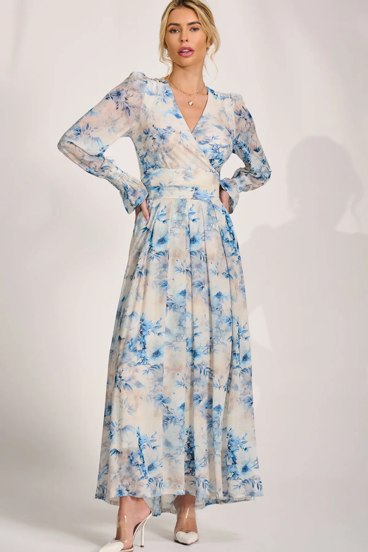 Jolie Moi Occasion Dresses|Floral Dresses-Long Sleeve V Neck Mesh Maxi Dress, Cream Floral