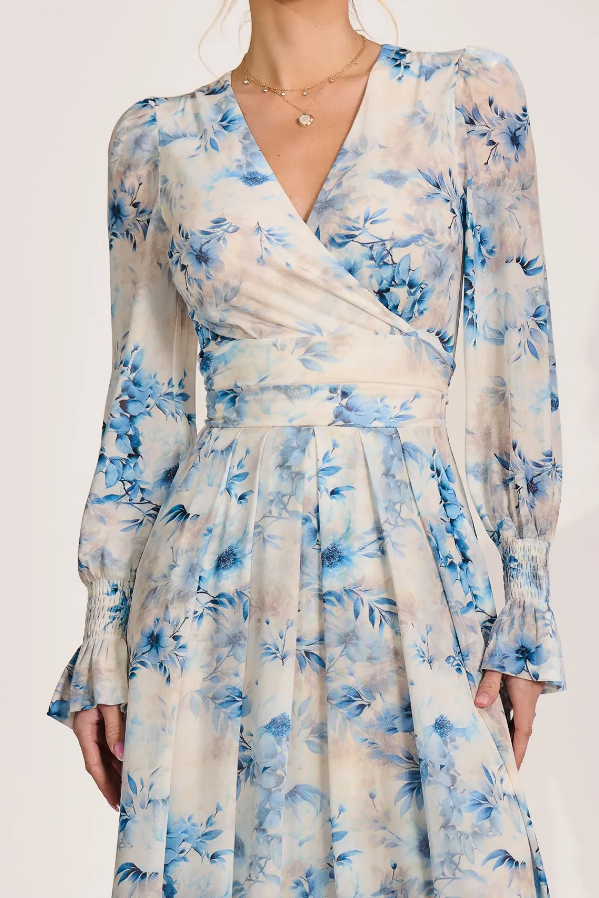 Jolie Moi Occasion Dresses|Floral Dresses-Long Sleeve V Neck Mesh Maxi Dress, Cream Floral