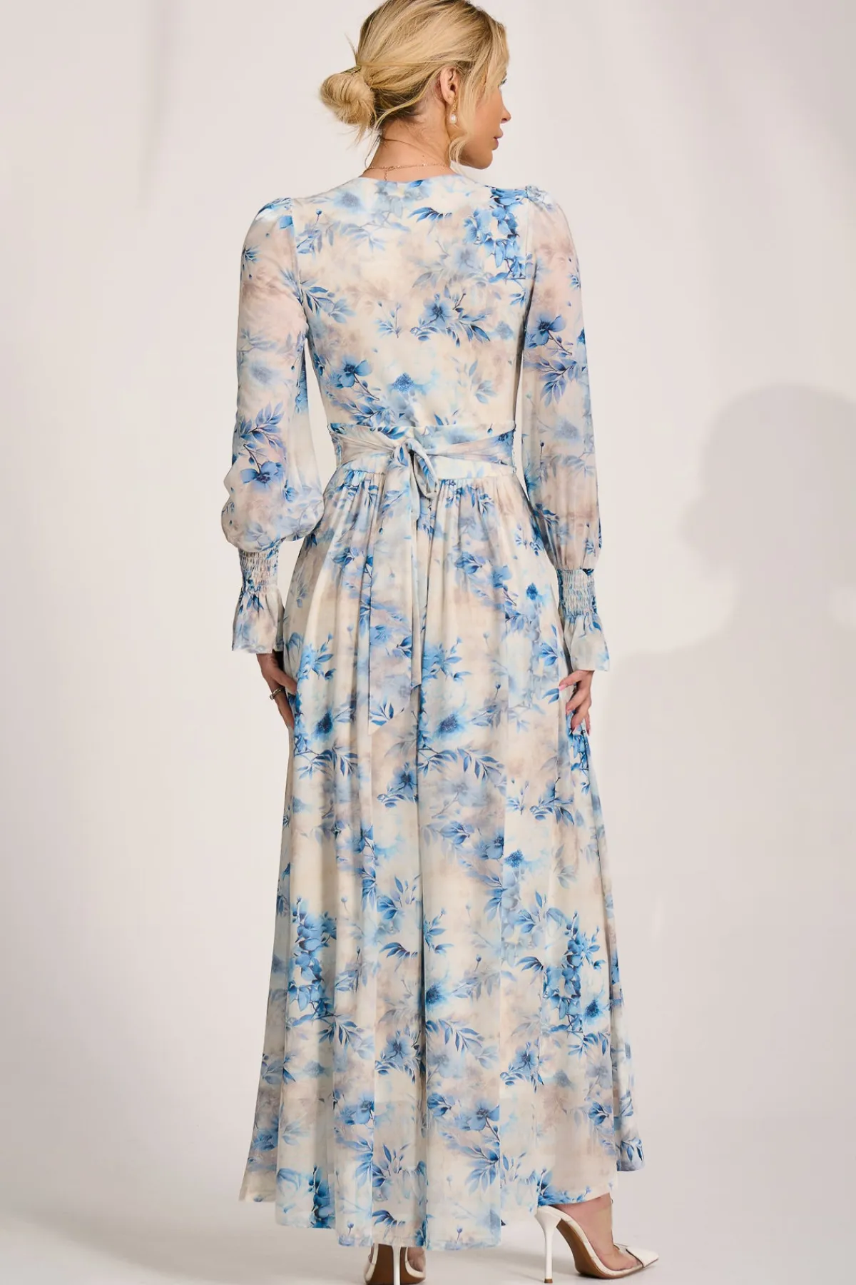 Jolie Moi Occasion Dresses|Floral Dresses-Long Sleeve V Neck Mesh Maxi Dress, Cream Floral