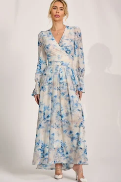 Jolie Moi Occasion Dresses|Floral Dresses-Long Sleeve V Neck Mesh Maxi Dress, Cream Floral