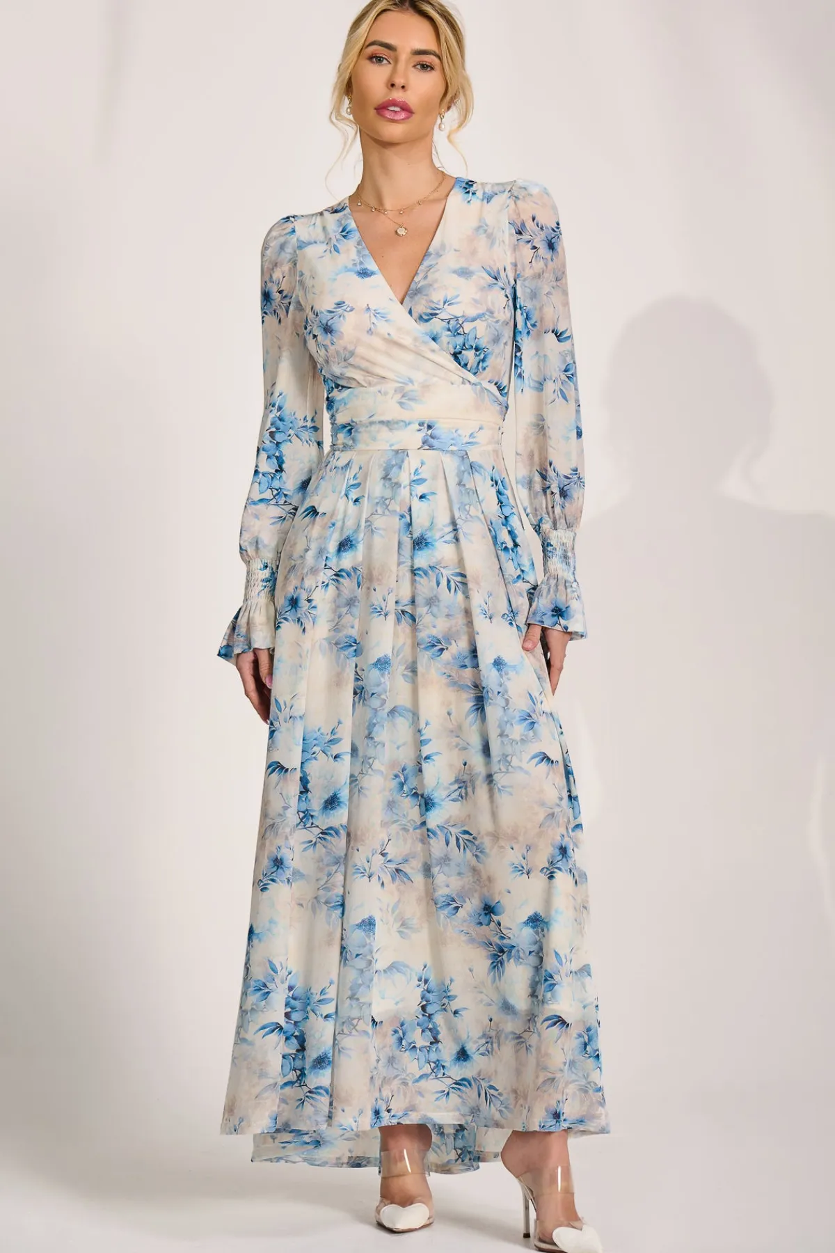 Jolie Moi Occasion Dresses|Floral Dresses-Long Sleeve V Neck Mesh Maxi Dress, Cream Floral
