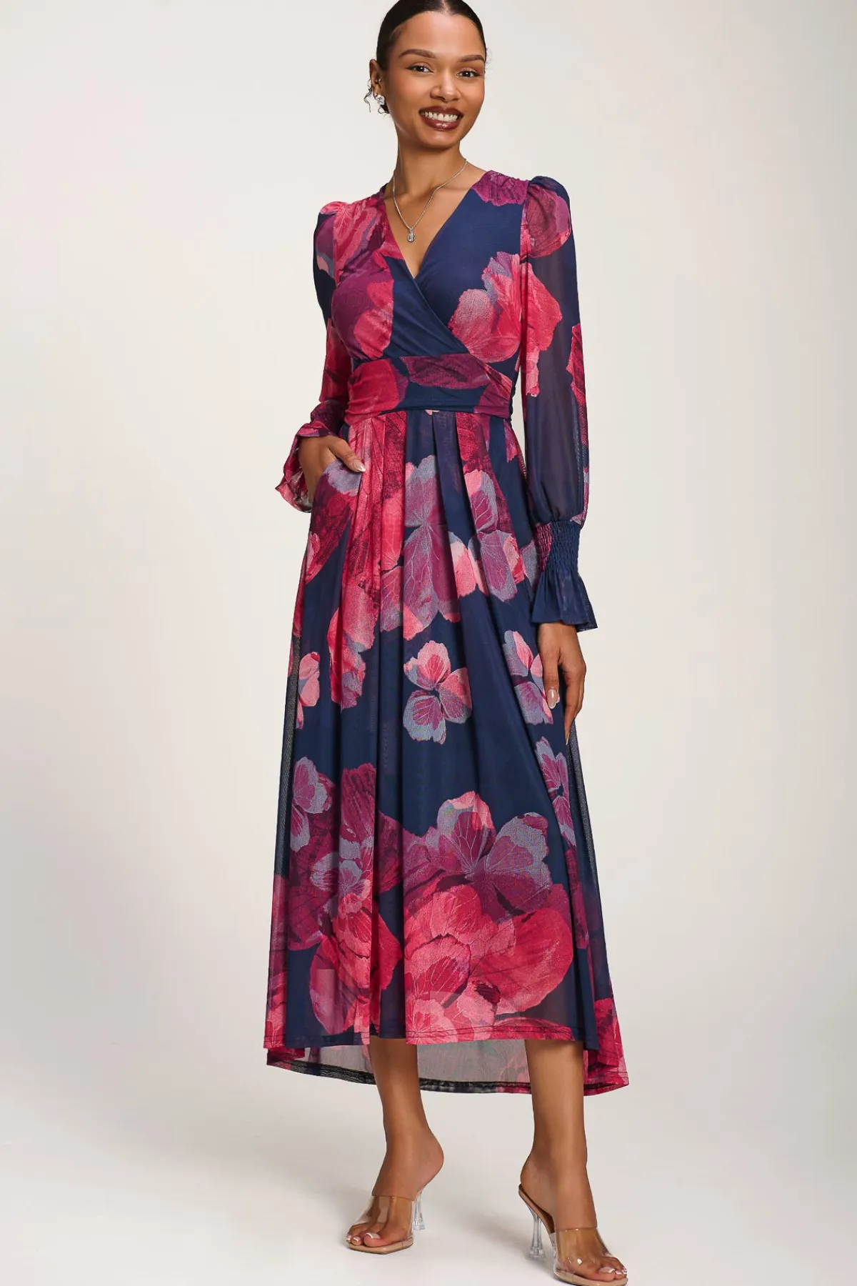 Jolie Moi Occasion Dresses|Mesh Dresses-Long Sleeve V Neck Mesh Maxi Dress, Fuchsia Floral
