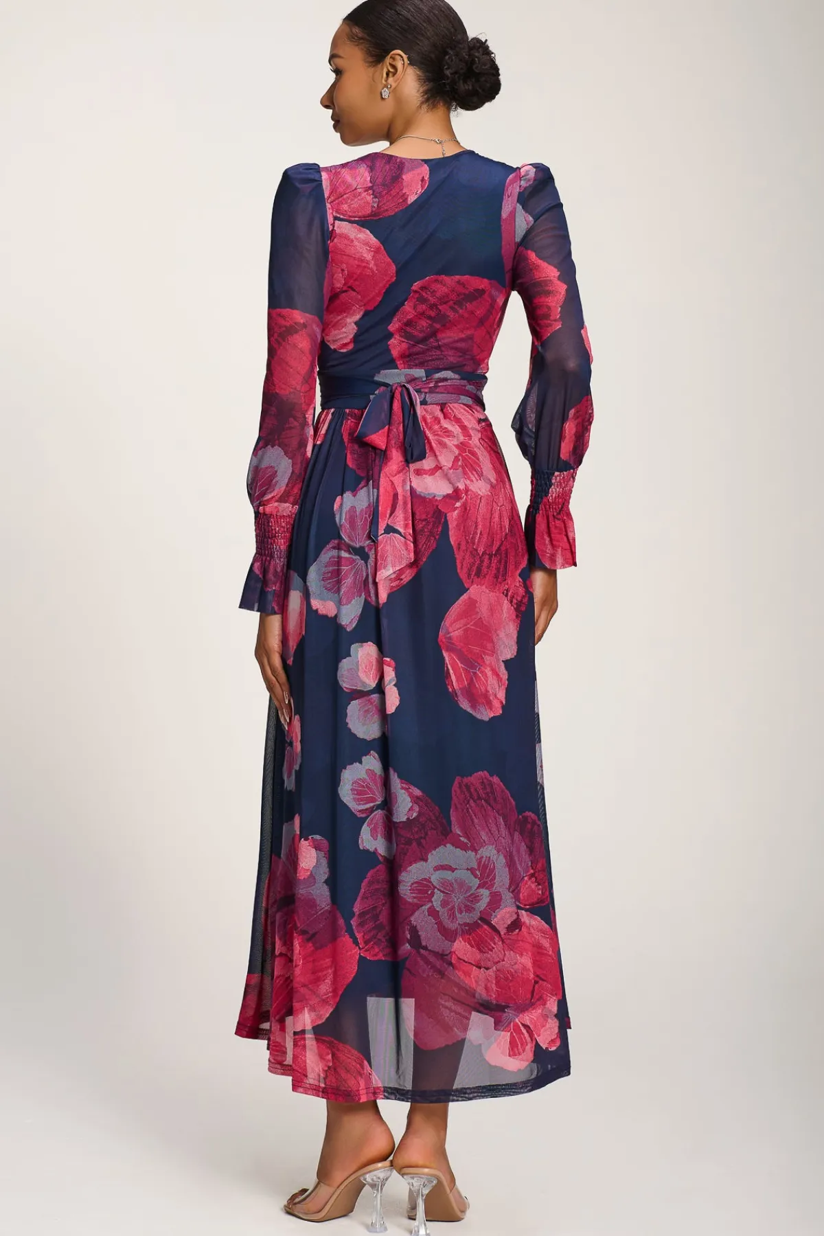 Jolie Moi Occasion Dresses|Mesh Dresses-Long Sleeve V Neck Mesh Maxi Dress, Fuchsia Floral