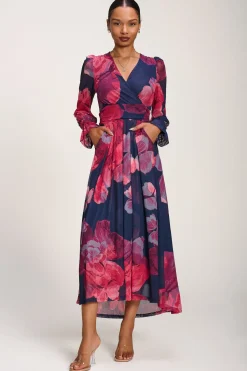 Jolie Moi Occasion Dresses|Mesh Dresses-Long Sleeve V Neck Mesh Maxi Dress, Fuchsia Floral