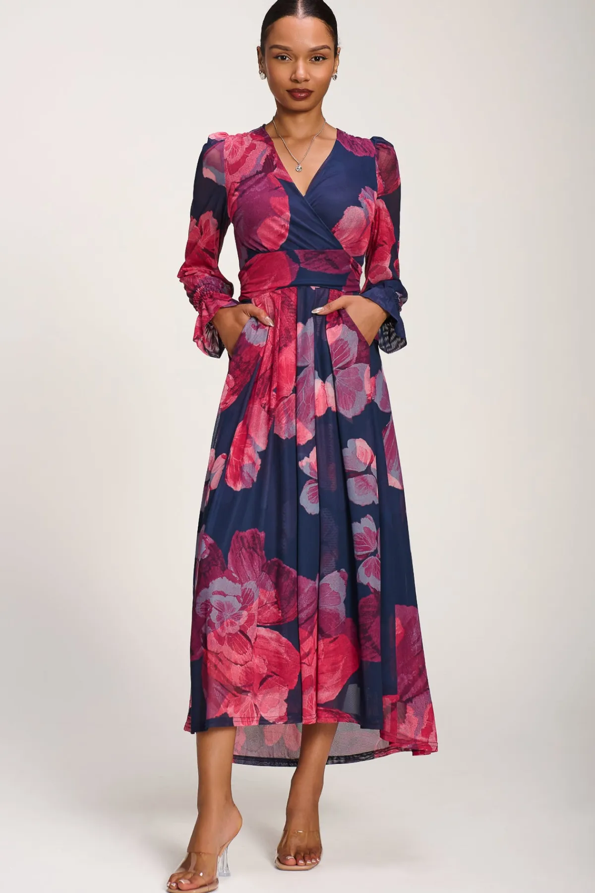 Jolie Moi Occasion Dresses|Mesh Dresses-Long Sleeve V Neck Mesh Maxi Dress, Fuchsia Floral