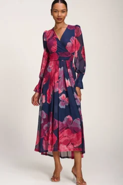 Jolie Moi Occasion Dresses|Mesh Dresses-Long Sleeve V Neck Mesh Maxi Dress, Fuchsia Floral