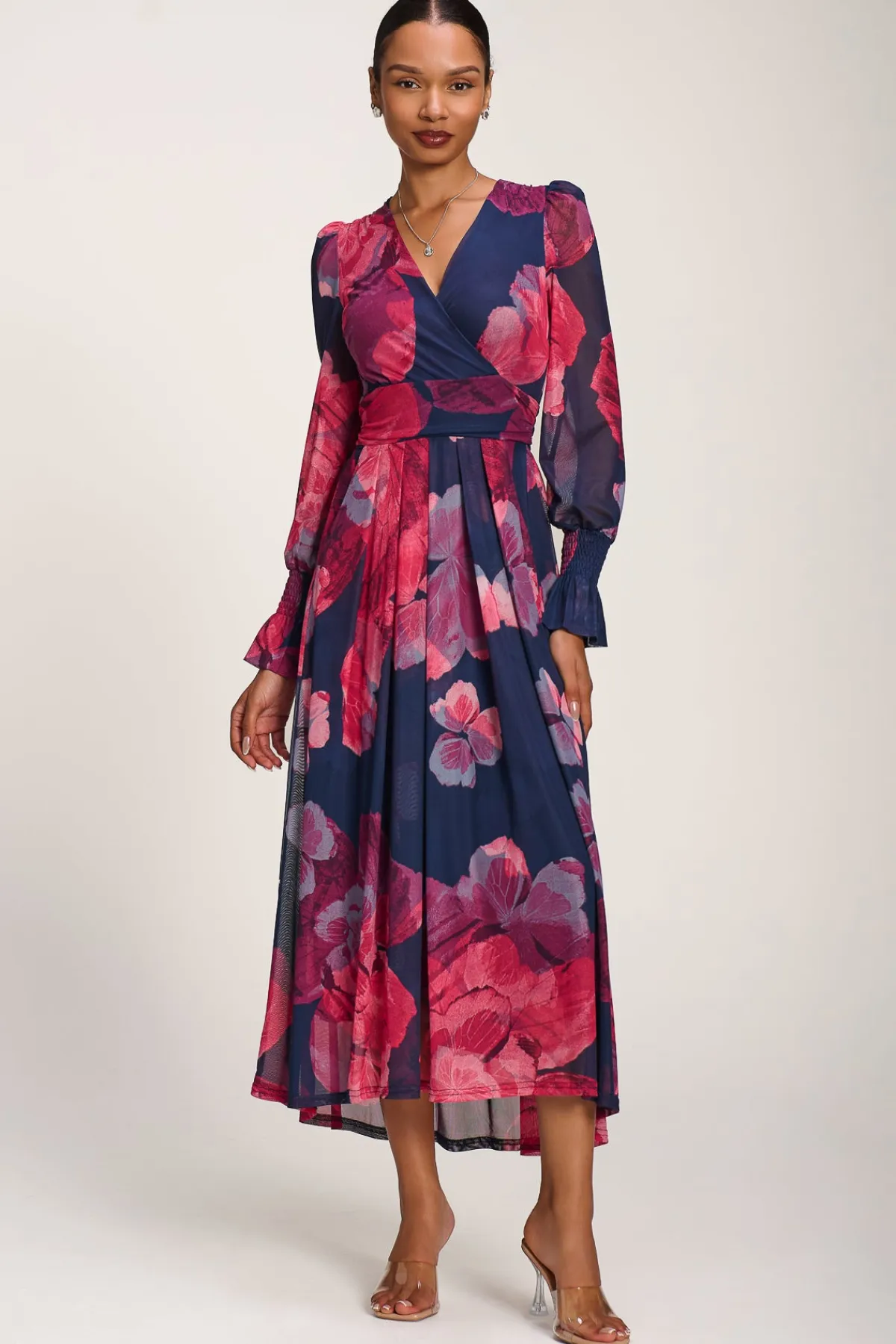 Jolie Moi Occasion Dresses|Mesh Dresses-Long Sleeve V Neck Mesh Maxi Dress, Fuchsia Floral