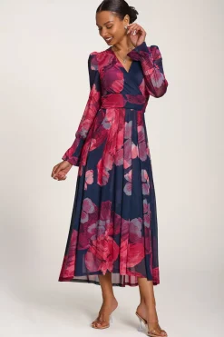 Jolie Moi Occasion Dresses|Mesh Dresses-Long Sleeve V Neck Mesh Maxi Dress, Fuchsia Floral
