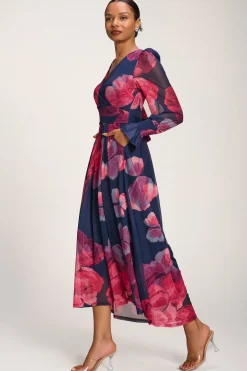Jolie Moi Occasion Dresses|Mesh Dresses-Long Sleeve V Neck Mesh Maxi Dress, Fuchsia Floral