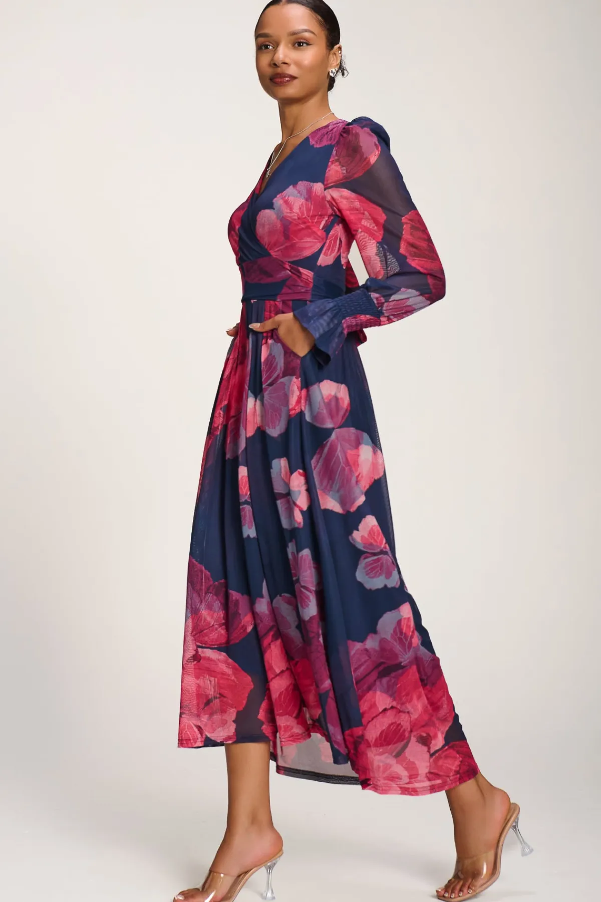 Jolie Moi Occasion Dresses|Mesh Dresses-Long Sleeve V Neck Mesh Maxi Dress, Fuchsia Floral