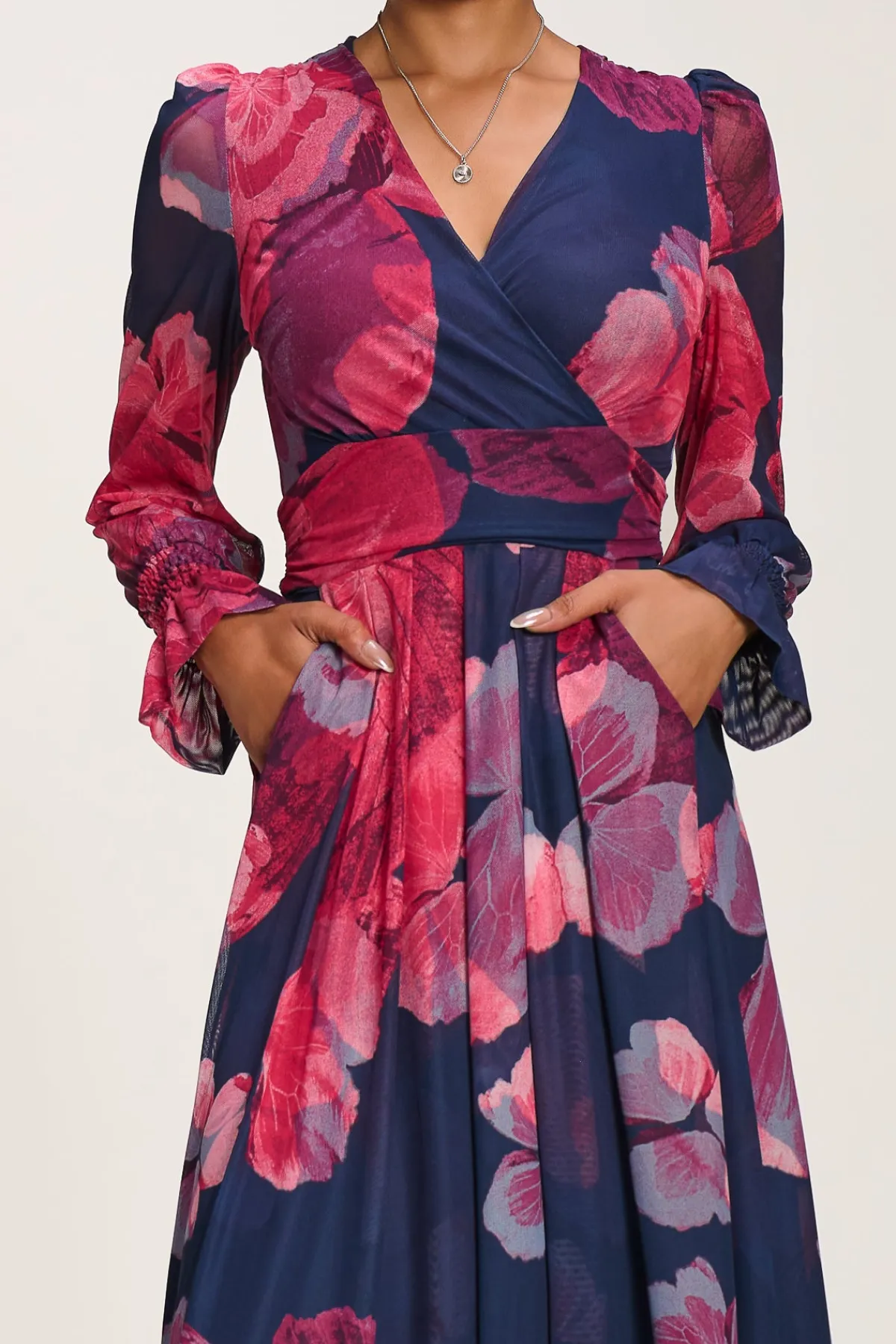 Jolie Moi Occasion Dresses|Mesh Dresses-Long Sleeve V Neck Mesh Maxi Dress, Fuchsia Floral