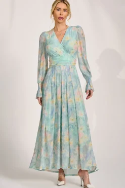 Jolie Moi Wedding Guest|Mesh Dresses-Long Sleeve V Neck Mesh Maxi Dress, Green Abstract
