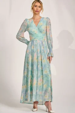 Jolie Moi Wedding Guest|Mesh Dresses-Long Sleeve V Neck Mesh Maxi Dress, Green Abstract