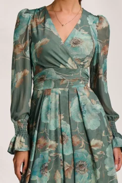 Jolie Moi Occasion Dresses|Floral Dresses-Long Sleeve V Neck Mesh Maxi Dress, Green Floral