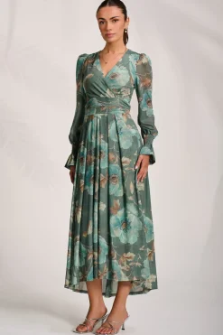 Jolie Moi Occasion Dresses|Floral Dresses-Long Sleeve V Neck Mesh Maxi Dress, Green Floral
