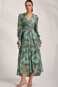 Jolie Moi Occasion Dresses|Floral Dresses-Long Sleeve V Neck Mesh Maxi Dress, Green Floral