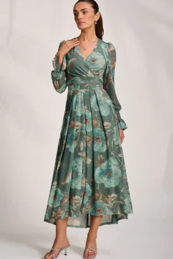 Jolie Moi Occasion Dresses|Floral Dresses-Long Sleeve V Neck Mesh Maxi Dress, Green Floral