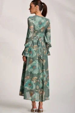 Jolie Moi Occasion Dresses|Floral Dresses-Long Sleeve V Neck Mesh Maxi Dress, Green Floral