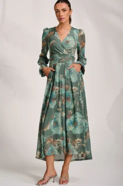 Jolie Moi Occasion Dresses|Floral Dresses-Long Sleeve V Neck Mesh Maxi Dress, Green Floral
