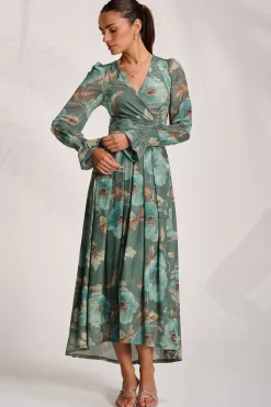 Jolie Moi Occasion Dresses|Floral Dresses-Long Sleeve V Neck Mesh Maxi Dress, Green Floral