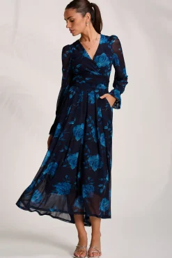 Jolie Moi Occasion Dresses|Floral Dresses-Long Sleeve V Neck Mesh Maxi Dress, Navy Floral