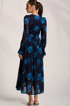 Jolie Moi Occasion Dresses|Floral Dresses-Long Sleeve V Neck Mesh Maxi Dress, Navy Floral