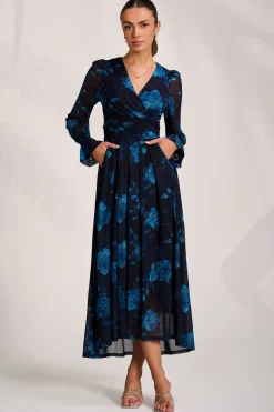 Jolie Moi Occasion Dresses|Floral Dresses-Long Sleeve V Neck Mesh Maxi Dress, Navy Floral