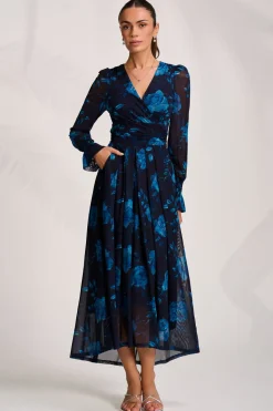 Jolie Moi Occasion Dresses|Floral Dresses-Long Sleeve V Neck Mesh Maxi Dress, Navy Floral