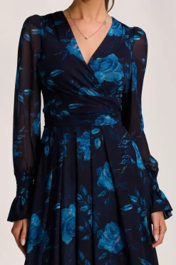 Jolie Moi Occasion Dresses|Floral Dresses-Long Sleeve V Neck Mesh Maxi Dress, Navy Floral