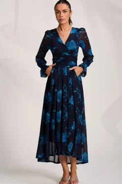 Jolie Moi Occasion Dresses|Floral Dresses-Long Sleeve V Neck Mesh Maxi Dress, Navy Floral