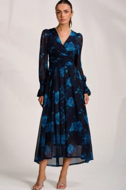 Jolie Moi Occasion Dresses|Floral Dresses-Long Sleeve V Neck Mesh Maxi Dress, Navy Floral