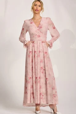 Jolie Moi Occasion Dresses|Floral Dresses-Long Sleeve V Neck Mesh Maxi Dress, Pink Floral